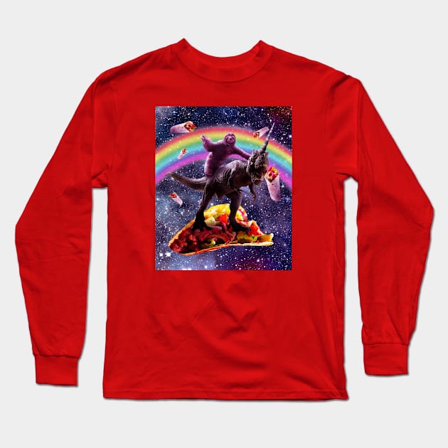 Sloth Riding Unicorn Dinosaur on Burrito Long Sleeve T-Shirt by Random Galaxy